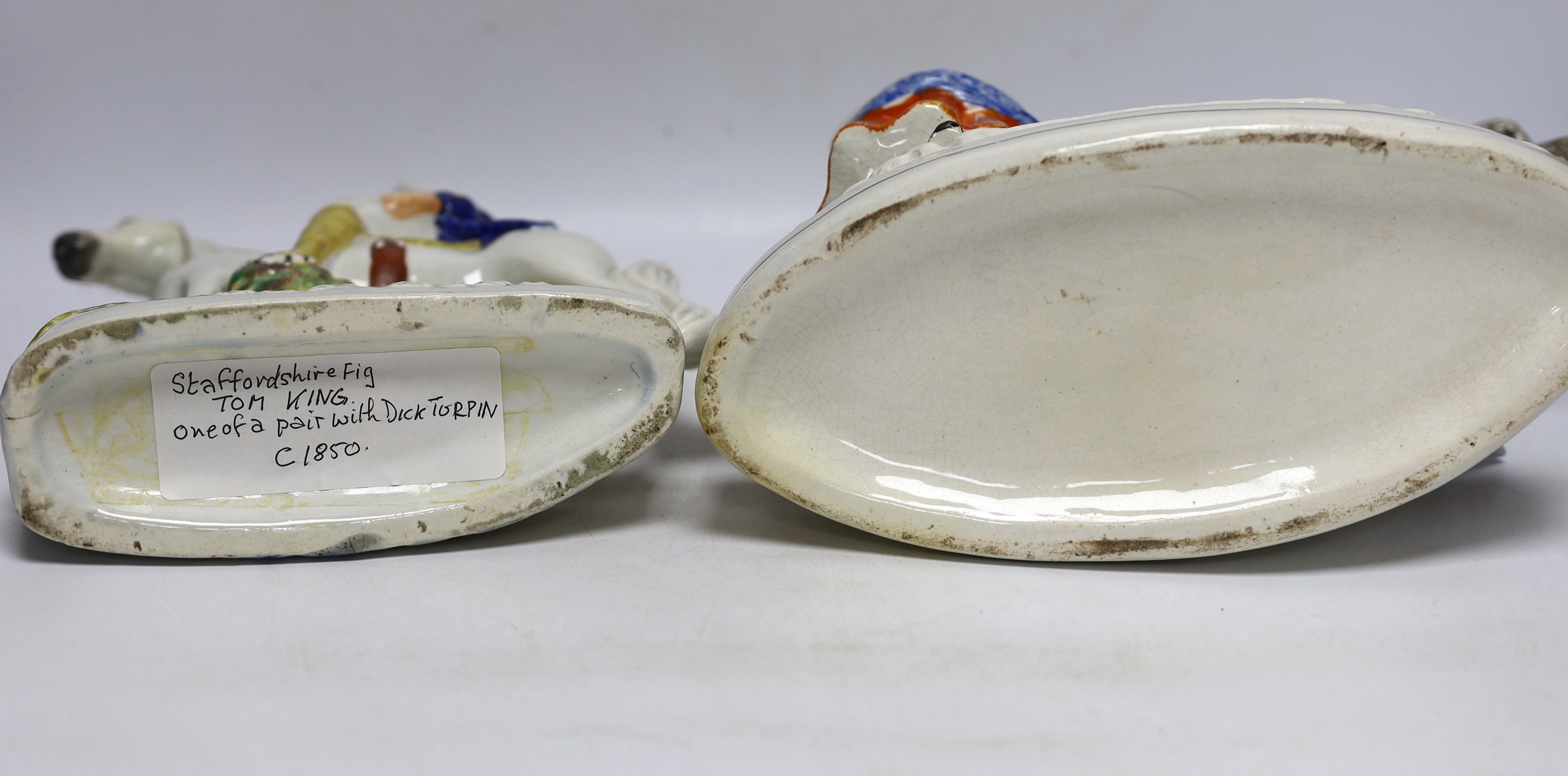 Three mid 19th century Staffordshire figure groups including Dick Turpin, Tom King and Sand, tallest 30cm